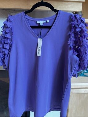 Chico's Purple V-Neck Top with Petal Sleeve Accents New Size 1